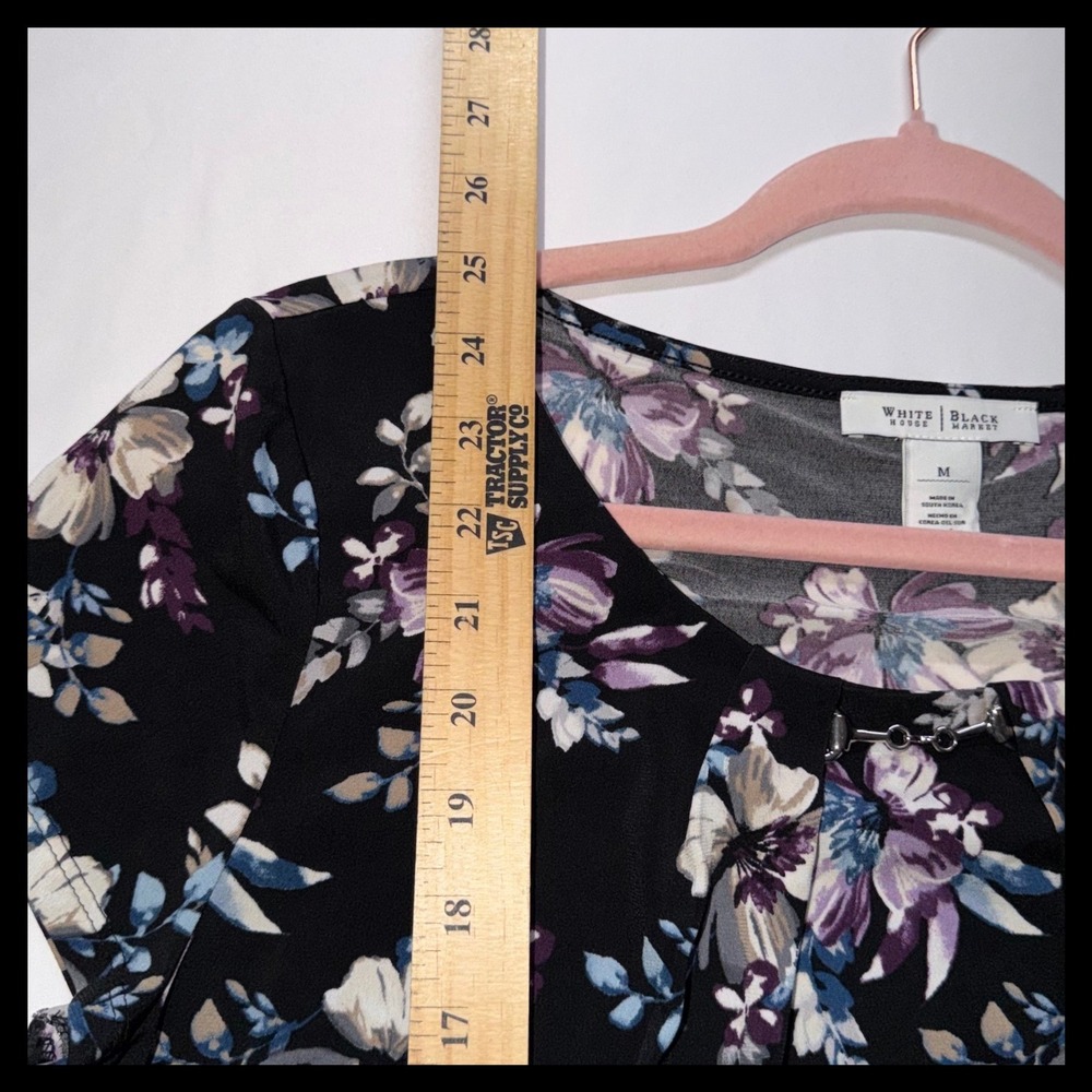 White House Black Market Floral Top Women Medium Black Purple Short Sleeve Blous - Picture 4 of 6